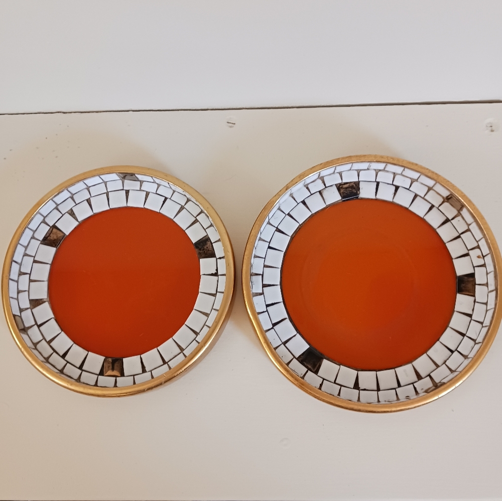 Groovy MOSAIC TILE DISH Set of 2, Vintage Round Orange n White Tile Trinket Dish